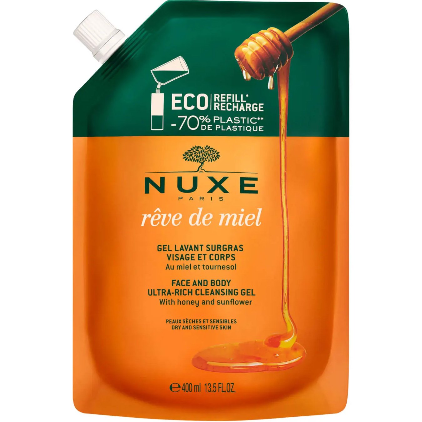 Nuxe Nuxe Reve de Miel Face & Body Ultra Rich Cleansing Gel with Honey & Sunflower Refill Απαλό Καθαριστικό Προσώπου - Σώματος για Ξηρές & Ευαίσθητες Επιδερμίδες 400ml