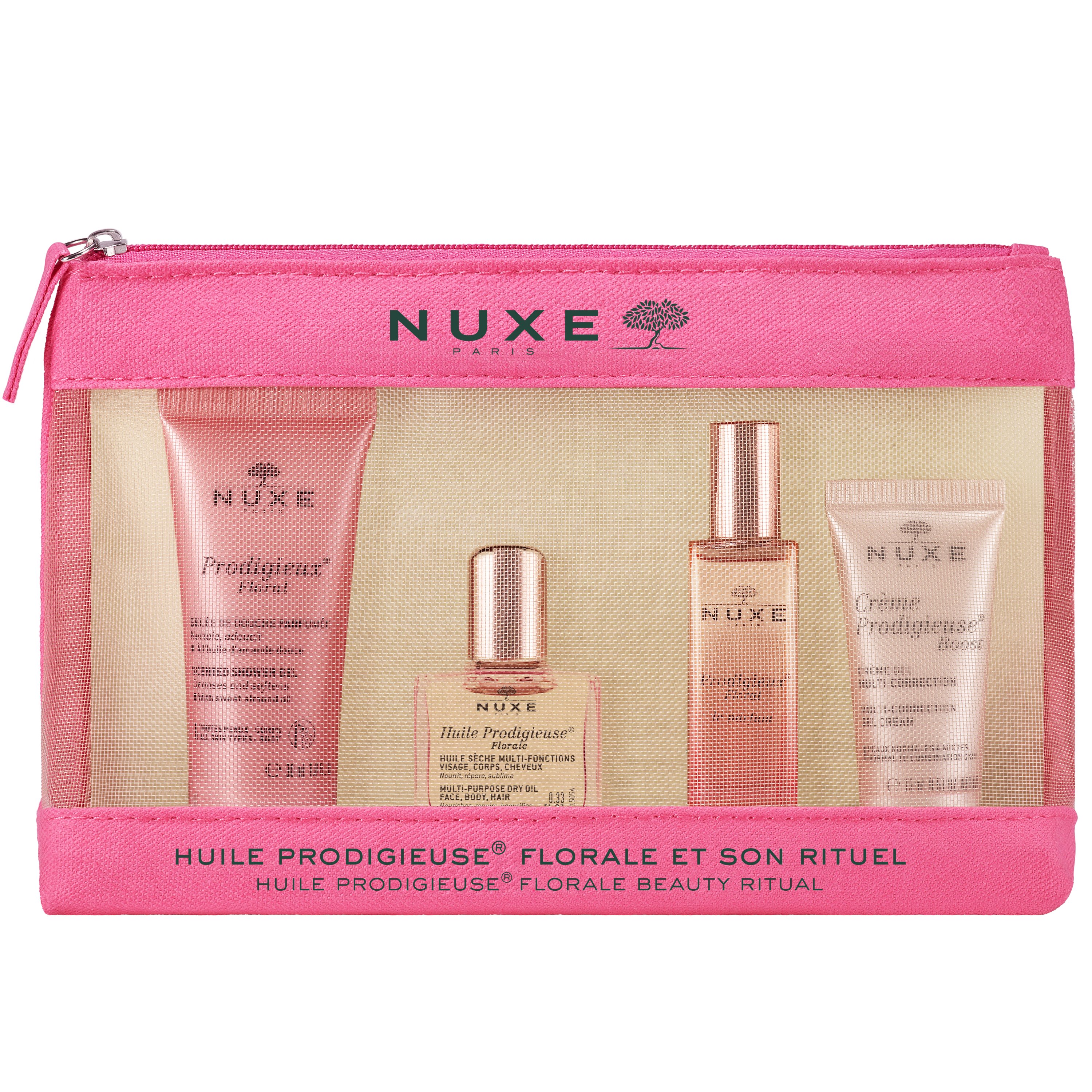 Nuxe Nuxe Promo Prodigieux Scented Shower Oil 30ml & Huile Florale Multi-Purpose Dry Oil 10ml & Le Parfum 15ml & Multi-Perfection Smoothing Primer Boost 15ml,Αφρόλουτρο Σώματος που Καθαρίζει & Απαλύνει την Επιδερμίδα με Λουλουδένιο Άρωμα & Ξηρό Λάδι για Π