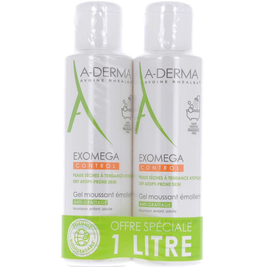 A-Derma Πακέτο Προσφοράς Exomega Control Gel Moussant Emolient Μαλακτικό Ζελ Καθαρισμού για το Ατοπικό Δέρμα 2x500ml
