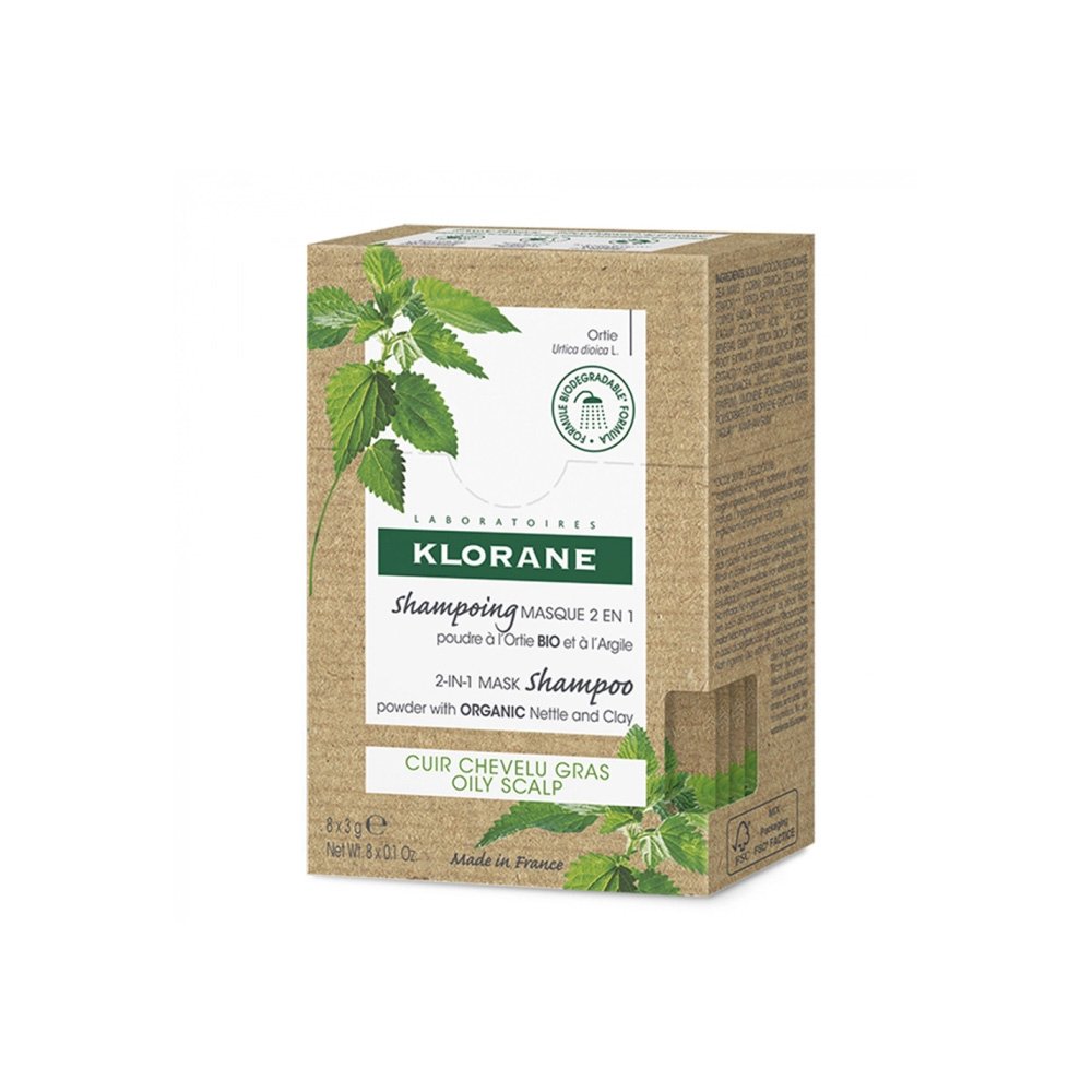 Klorane Ortie Shampoing Masque 2 in 1 Σαμπουάν Μάσκα σε Μορφή Πούδρας με Βιολογική Τσουκνίδα & Άργιλο 8 x 3gr
