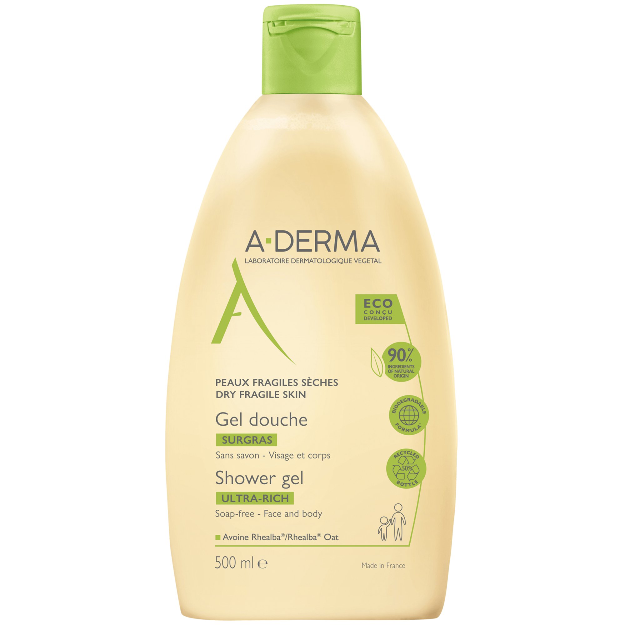 A-Derma A-Derma Ultra Rich Shower Gel for Dry & Fragile Skin Πλούσιο Gel Καθαρισμού Προσώπου & Σώματος για Ξηρή & Ευαίσθητη Επιδερμίδα 500ml