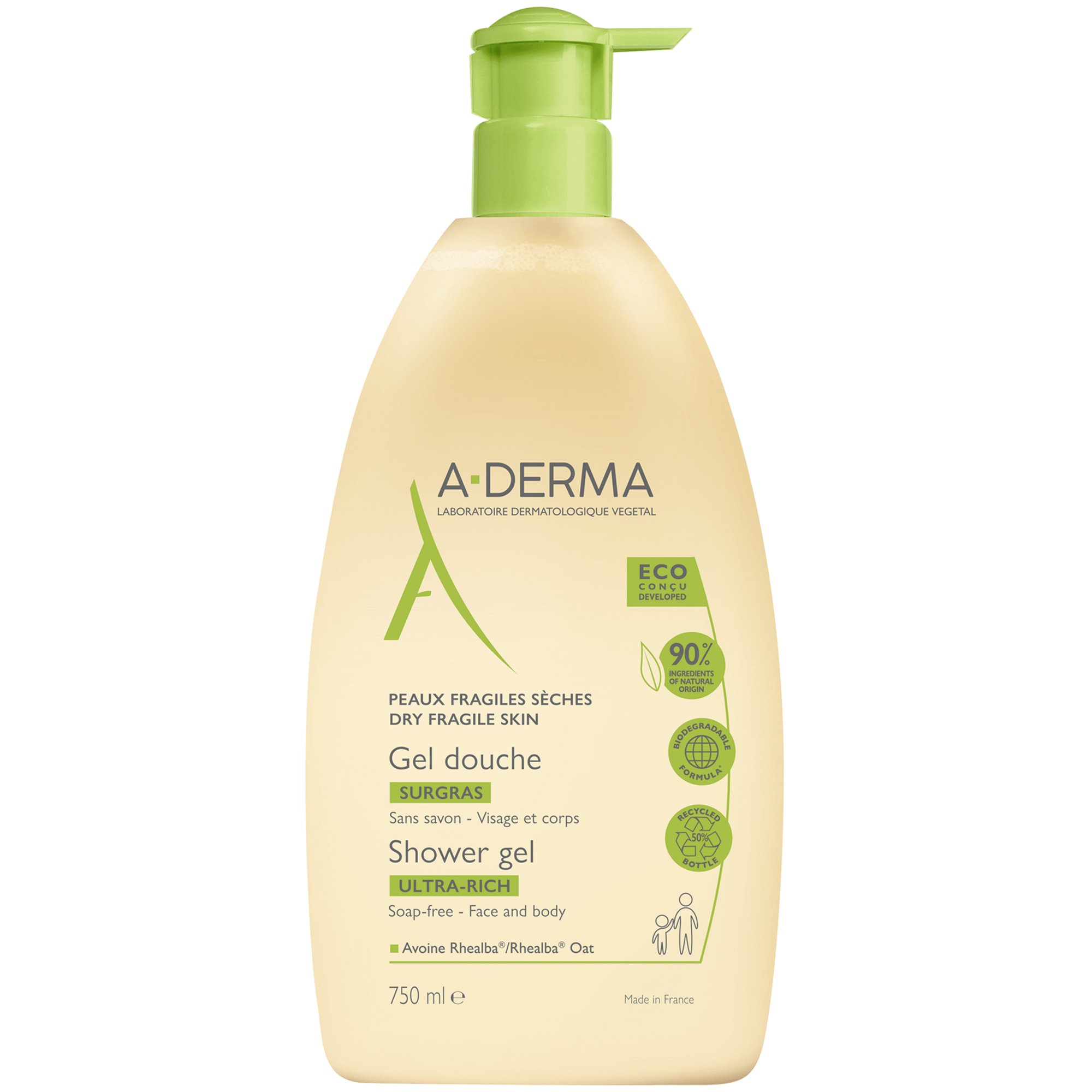 A-Derma Ultra Rich Shower Gel for Dry & Fragile Skin Πλούσιο Gel Καθαρισμού Προσώπου & Σώματος για Ξηρή & Ευαίσθητη Επιδερμίδα 750ml
