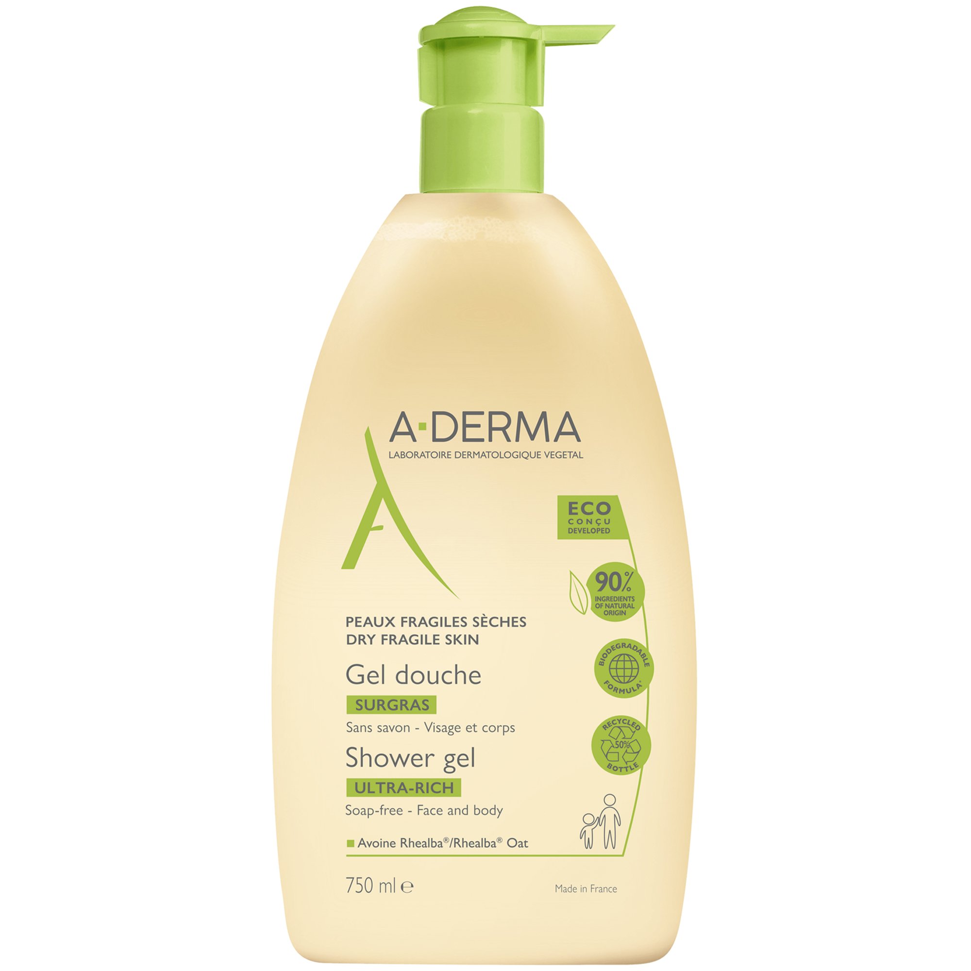 A-Derma Ultra Rich Shower Gel for Dry & Fragile Skin Πλούσιο Gel Καθαρισμού Προσώπου & Σώματος για Ξηρή & Ευαίσθητη Επιδερμίδα 750ml
