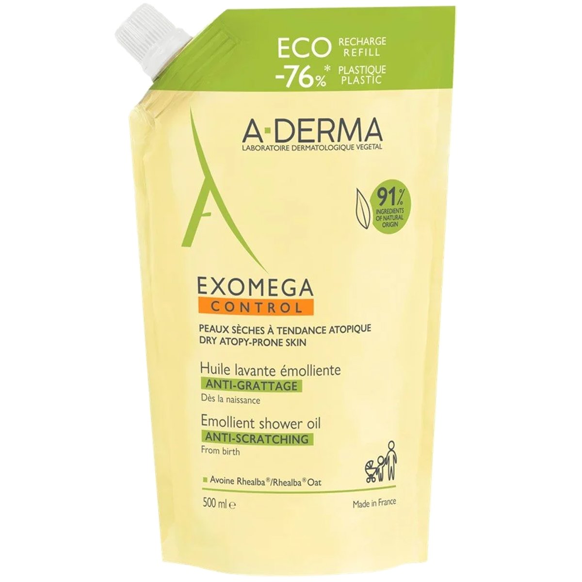 A-Derma A-Derma Exomega Control Anti-Scratching Emolient Shower Oil Refill Λάδι Καθαρισμού Σώματος, Κατάλληλο Ξηρό Δέρμα με Τάση Ατοπίας 500ml