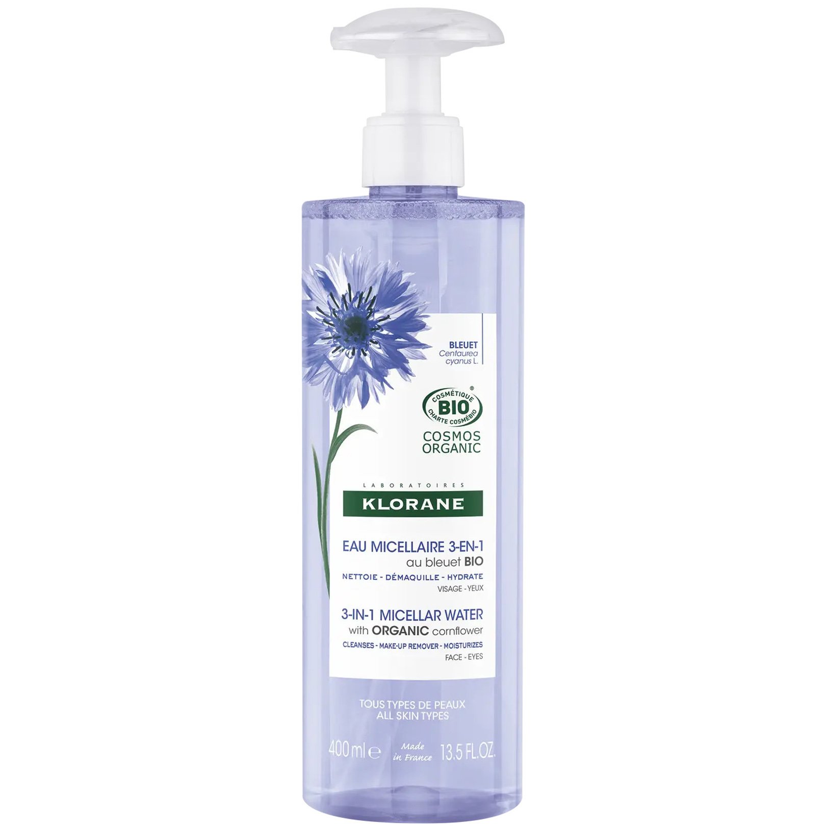 Klorane Klorane Cornflower 3-in-1 Micellar Water Μικυλλιακό Νερό Καθαρισμού για την Αφαίρεση του Μακιγιάζ με Βιολογική Κυανή Κενταύρια με Αντλία 400ml