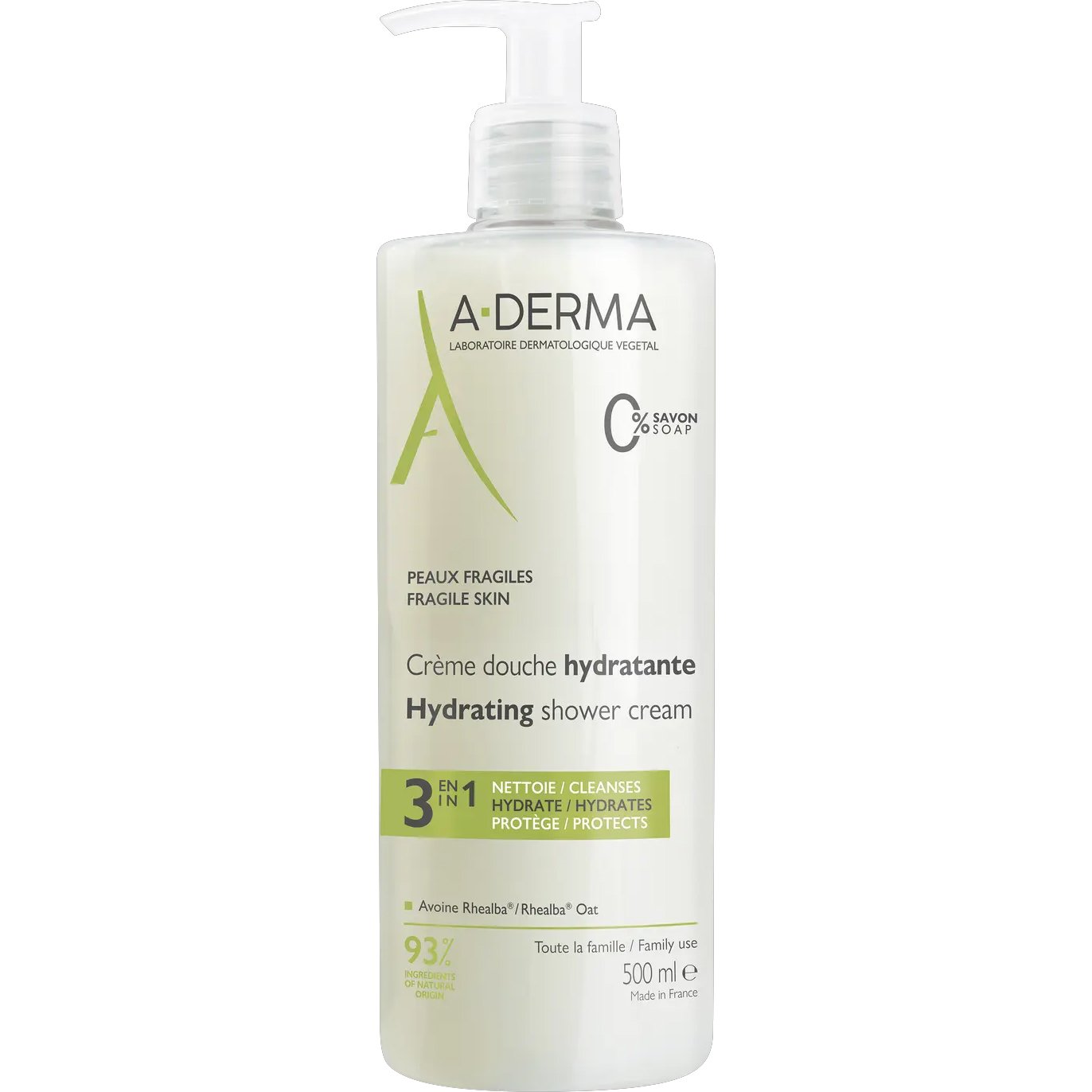 A-Derma Hydrating Shower Cream Ενυδατικό Κρεμώδες Καθαριστικό για το Λεπτό, Εύθραυστο Δέρμα Προσώπου Σώματος & Μαλλιών, με Αντλία 500ml