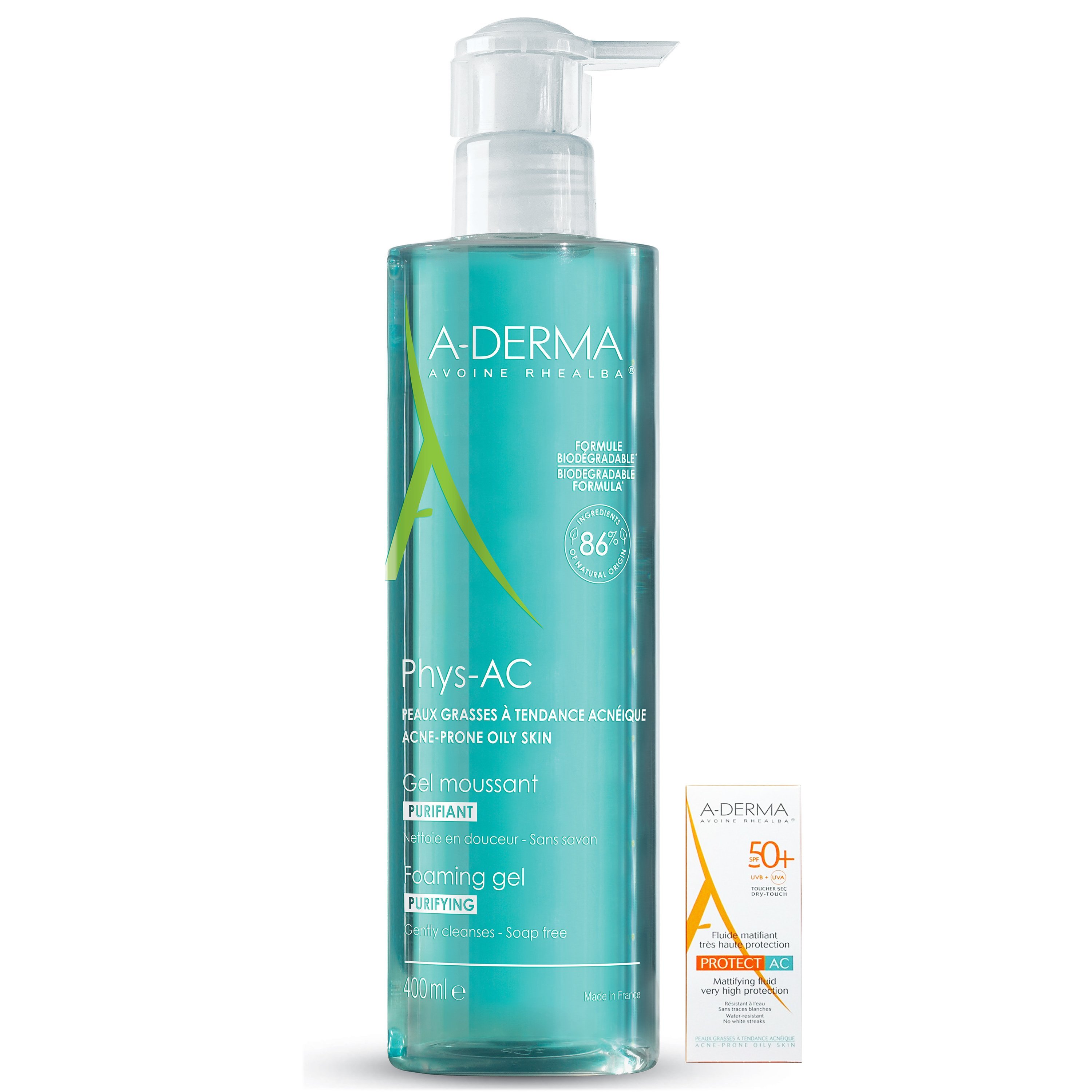 A-Derma Phys-AC Gel Moussant Purifiant Εξυγιαντικό Αφρίζον Gel Καθαρισμού Προσώπου 400ml & Δώρο Protect AC Fluide Spf50+, 5ml