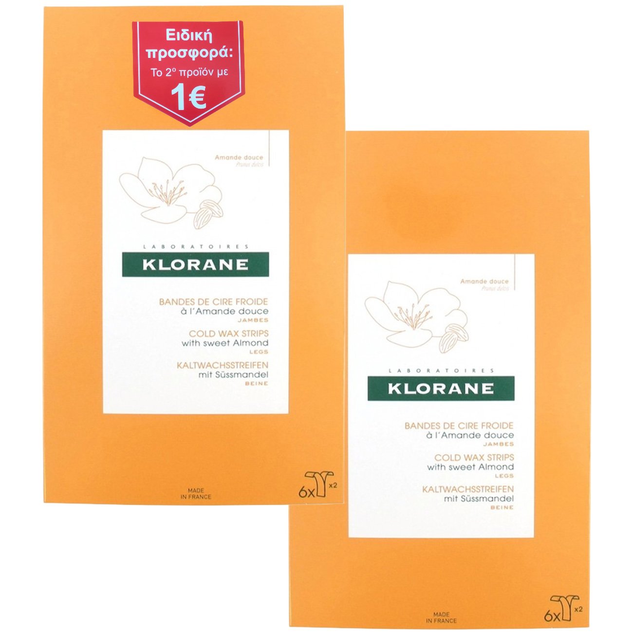 Klorane Πακέτο Προσφοράς Cold Wax Strips with Sweet Almond for Legs Ταινίες Αποτρίχωσης με Κερί για Πόδια με Άρωμα Αμυγδάλου σε Ειδική Τιμή 2×6 Τεμάχια
