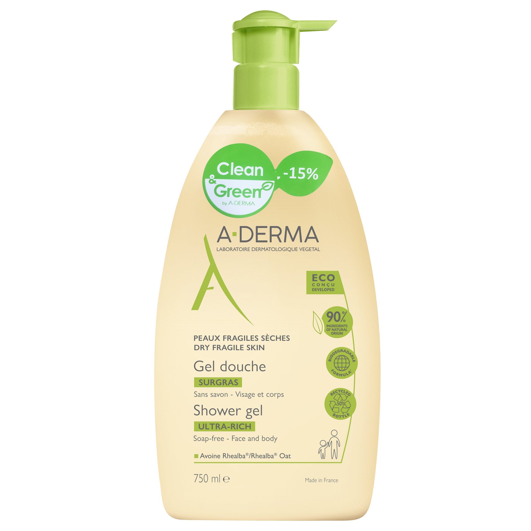 A-Derma Promo Ultra Rich Shower Gel Πλούσιο Gel Καθαρισμού Προσώπου & Σώματος για Ξηρή & Ευαίσθητη Επιδερμίδα 750ml -15%