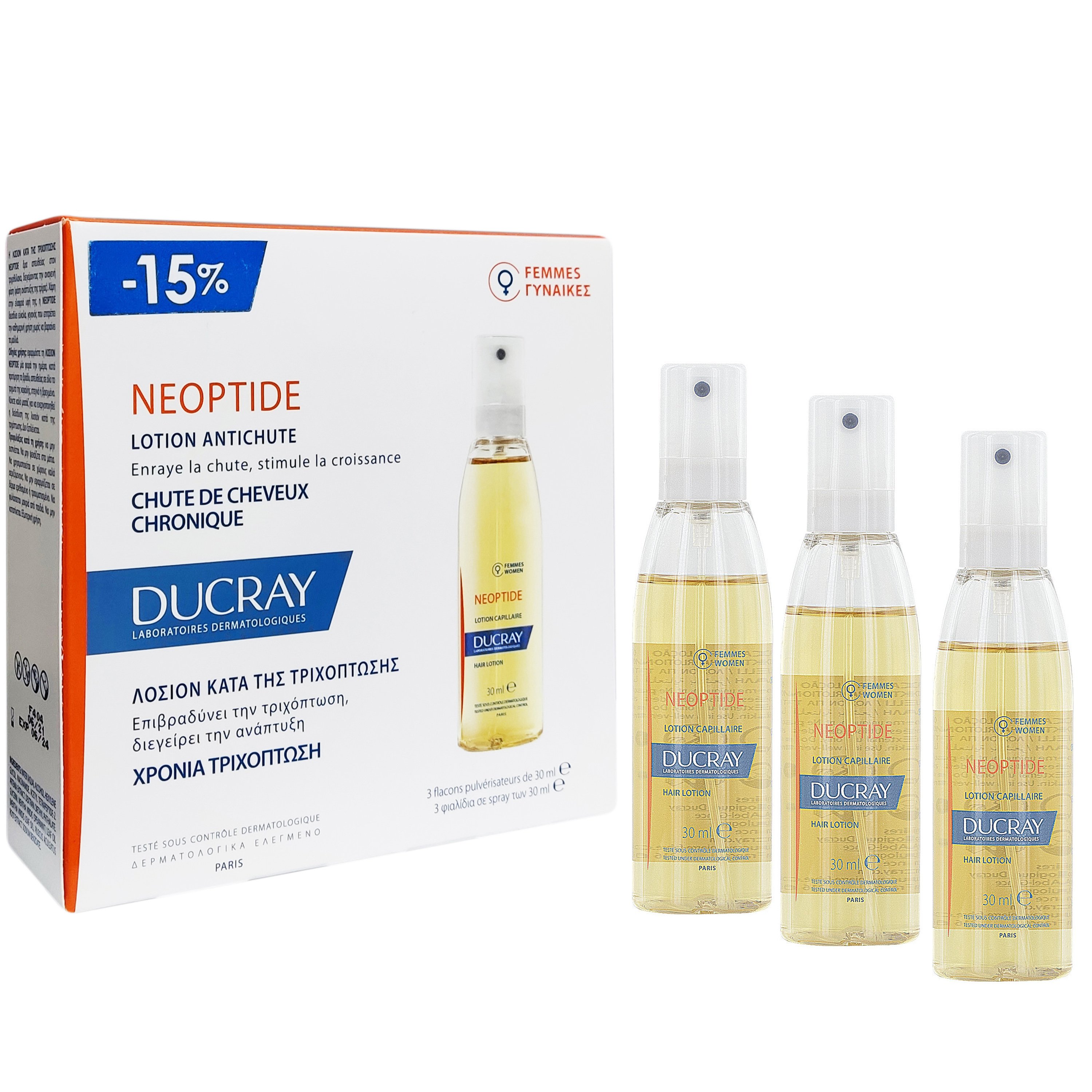Ducray Neoptide Lotion Antichute Λοσιόν Αγωγής Κατά της Προοδευτικής Τριχόπτωσης στην Γυναίκα 3 Φιαλίδια x30ml Promo -15%