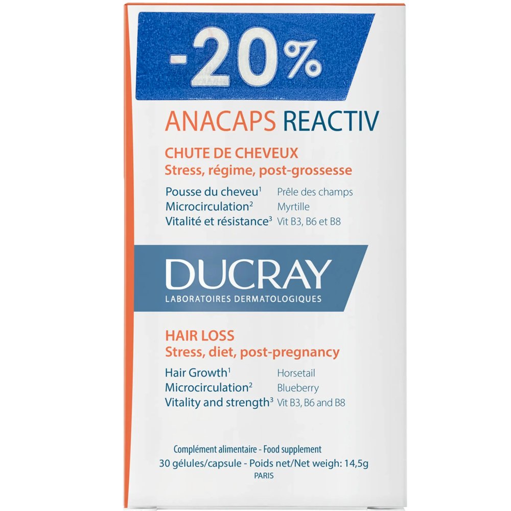 Ducray Anacaps Reactiv Hair Loss Συμπλήρωμα Διατροφής Πολυβιταμινών, Μετάλλων & Ιχνοστοιχείων με Εκχυλίσματα Βοτάνων που Συμβάλει στη Διατήρηση των Μαλλιών Κατά της Τριχόπτωσης για Υγιή Νύχια & Δέρμα 30caps σε Ειδική Τιμή