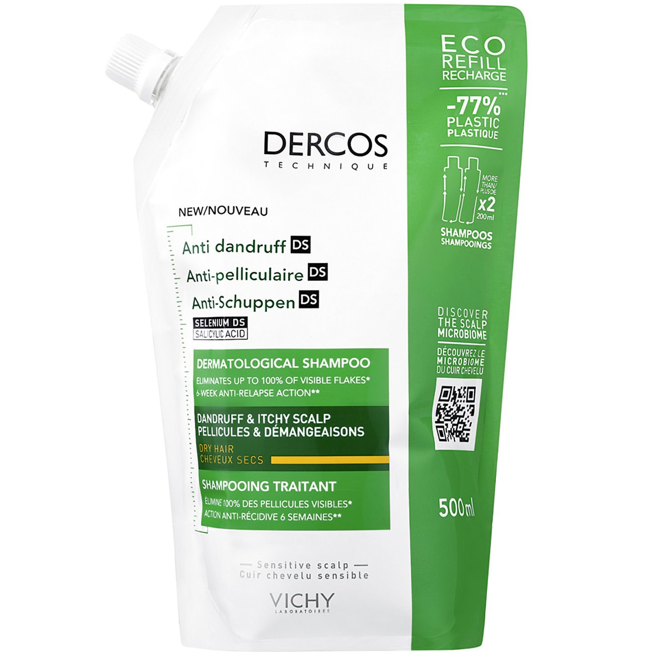 Vichy Dercos Anti-Dandruff Dermatological Shampoo for Dry Hair Refill Ανταλλακτικό, Αντιπυτιριδικό Σαμπουάν για Ξηρά Μαλλιά 500ml