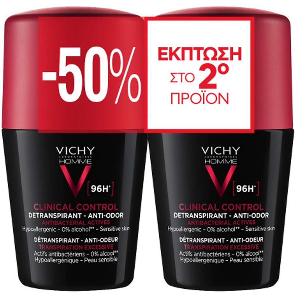 Vichy Homme Promo Clinical Control Detranspirant Anti-Odor Roll-on 96h Ανδρικό Αποσμητικό, Αντιιδρωτικό Roll-on για Προστασία Έως & 96 Ώρες, Κατά της Έντονης Εφίδρωσης 100ml (2x50ml)