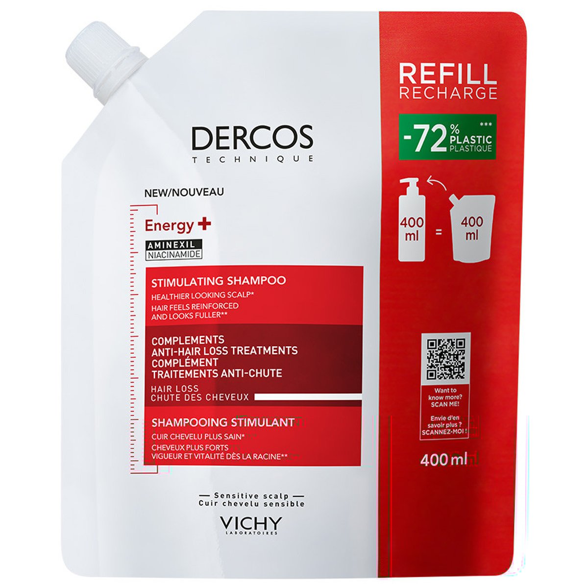 Vichy Dercos Energy+ Stimulating Shampoo Σαμπουάν Κατά της Τριχόπτωσης που Επαναφέρει τη Ζωντάνια στα Μαλλιά, Αφήνοντας Ευχάριστη Υφή Ενδυναμώνοντας την Τρίχα & το Τριχωτό Refill 400ml