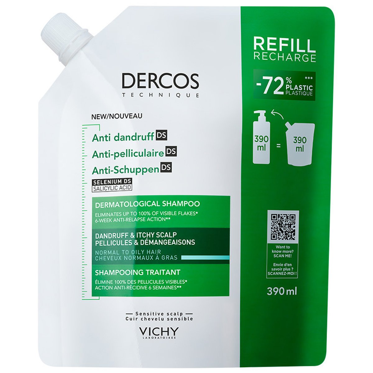 Vichy Vichy Dercos Anti-Dandruff Dermatological Shampoo for Normal to Oily Hair Σαμπουάν Κατά της Ξηροδερμίας για την Καταπολέμηση της Λιπαρής Πιτυρίδας & της Φαγούρας του Τριχωτού Refill 390ml