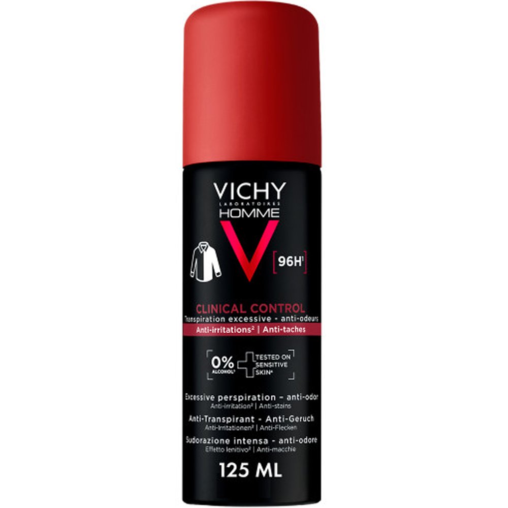 Vichy Homme Clinical Control 96h Anti-Transpirant & Deodorant Spray Ανδρικό Αποσμητικό Σπρέι που προσφέρει 96ώρες Προστασίας με Διπλή Δράση Κατά της Εφίδρωσης & Κακοσμίας, με 0% Αλκοόλ Κατάλληλο για Ευαίσθητες Επιδερμίδες 125ml