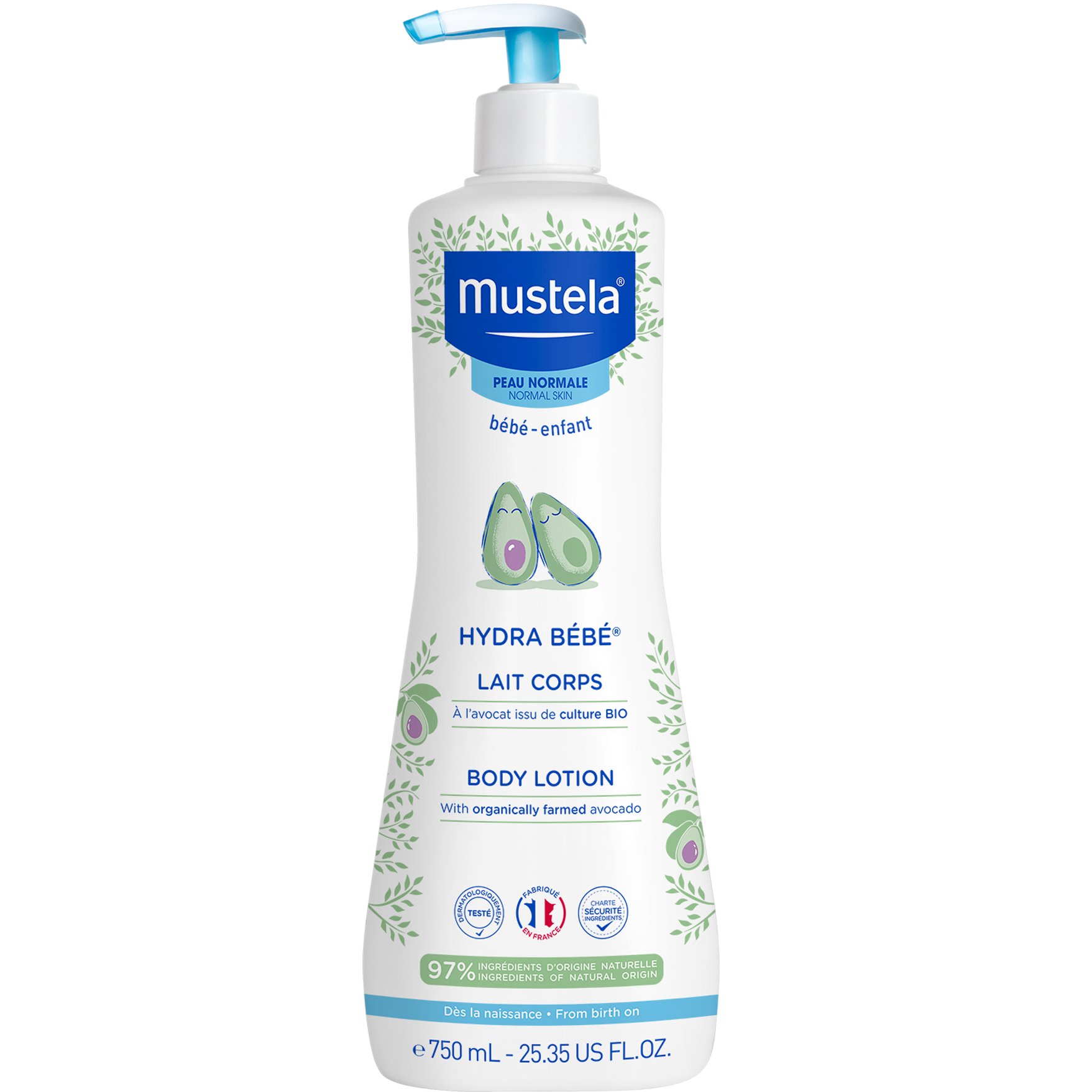 Mustela Hydra Bebe Body Lotion Ενυδατικό Γαλάκτωμα Σώματος για Βρέφη από την Πρώτη Μέρα Γέννησης, με Αβοκάντο Βιολογικής Καλλιέργειας, με Αντλία 750ml