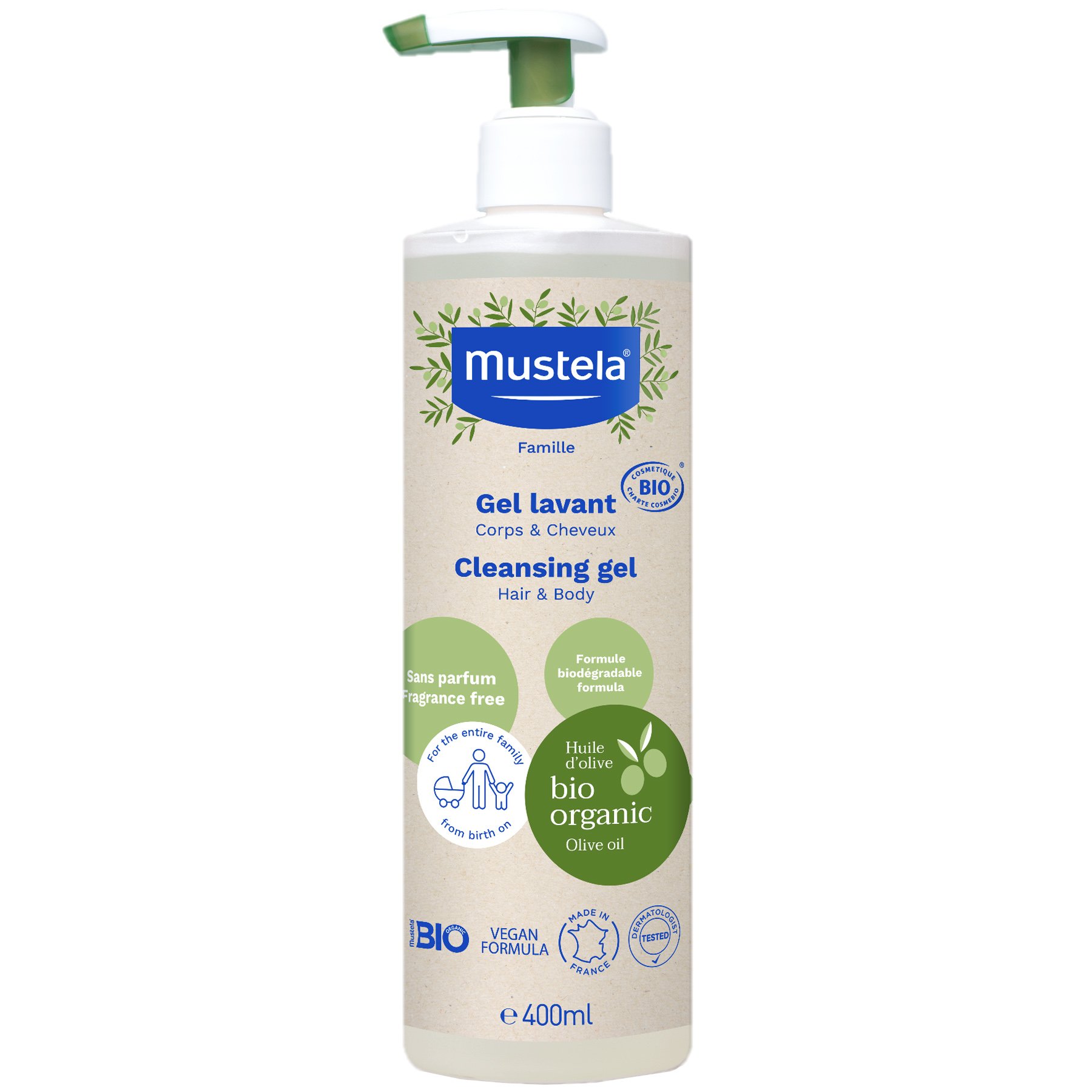 Mustela Bio Organic Cleansing Hair & Body Gel Βιολογικό Gel Καθαρισμού για Μαλλιά & Σώμα με Βιολογικό Ελαιόλαδο για Όλη την Οικογένεια, με Αντλία 400ml