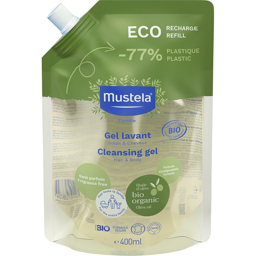 Mustela Bio Organic Cleansing Hair & Body Gel Βιολογικό Gel Καθαρισμού για Μαλλιά & Σώμα με Βιολογικό Ελαιόλαδο για Όλη την Οικογένεια 400ml Eco-Refill