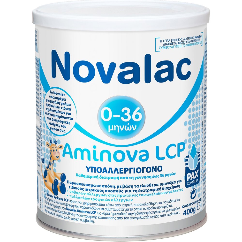 Novalac Aminova 0-36m LCP Ειδική Βρεφική Φόρμουλα σε Σκόνη για Αντιμετώπιση Αλλεργιών σε Πρωτεΐνες Αγελαδινού Γάλακτος & Δυσανεξία σε Υδρολυμένα Σκευάσματα Κατάλληλη από τη Γέννηση 400g