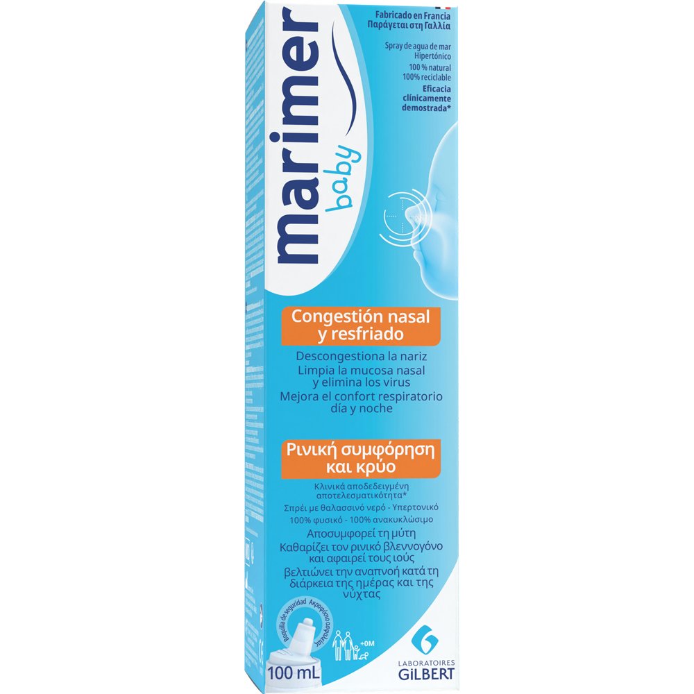 Marimer Baby Blocked Nose & Cold Nasal Spray Υπέρτονο Ρινικό Σπρέι για Βρέφη με Φυσικό Θαλασσινό Νερό για Ήπια & Αποτελεσματική Αποσυμφόρηση από τη Γέννηση 100ml