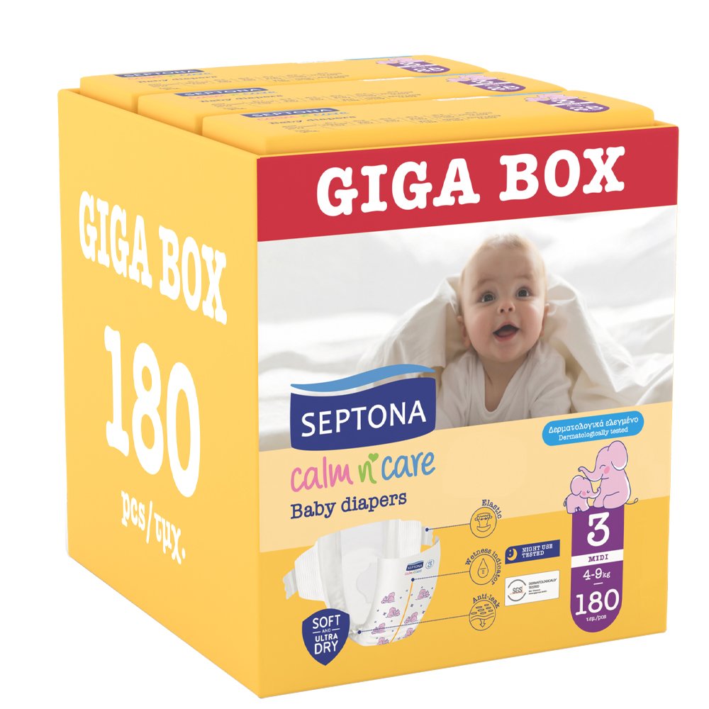 Septona Calm n' Care Baby Diapers Giga Box Midi No3 (4-9kg) 180 Τεμάχια (3x60 Τεμάχια)