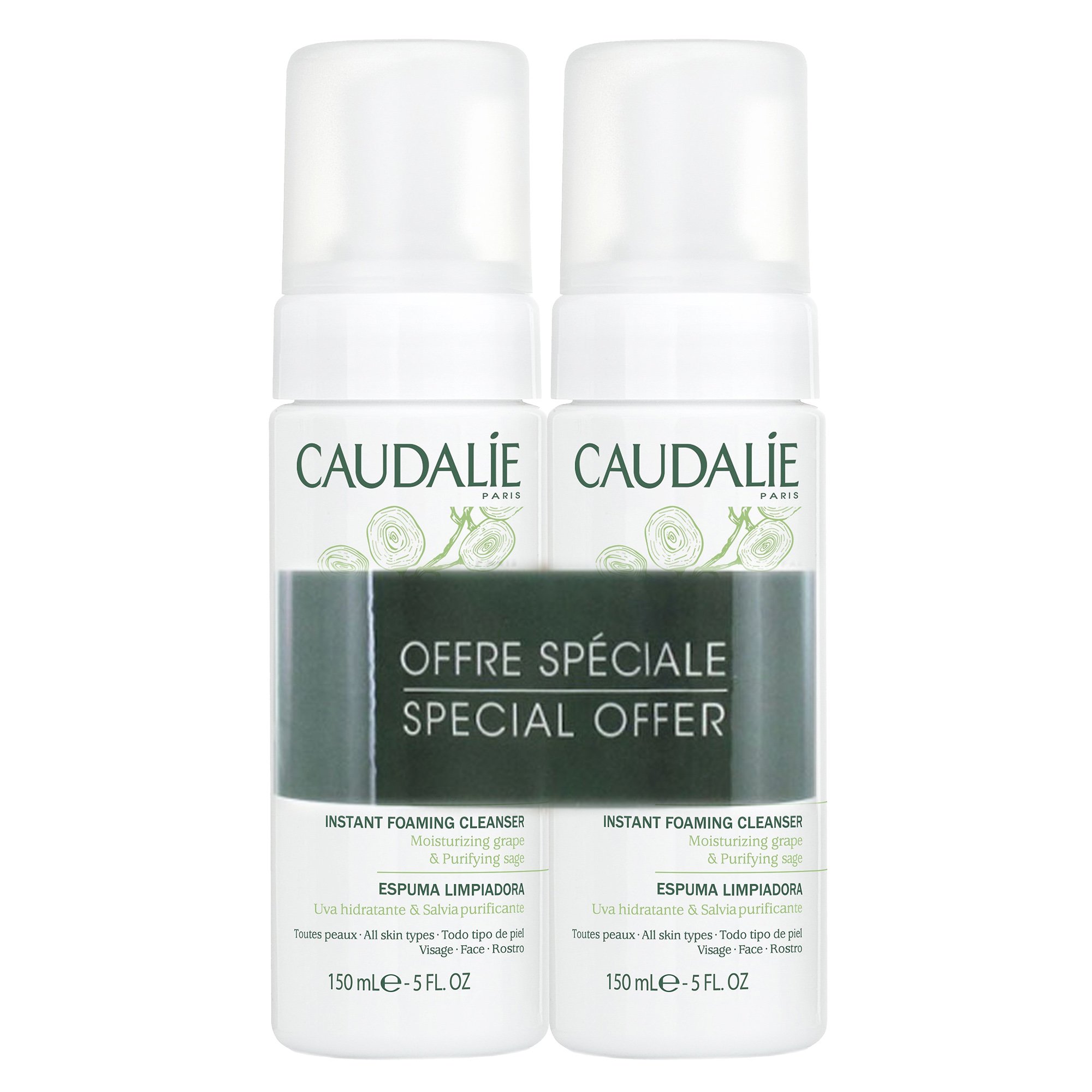 Caudalie Πακέτο Προσφοράς Instant Foaming Cleanser Απαλός Αφρός Καθαρισμού Προσώπου για Όλους τους Τύπους Επιδερμίδας 2x150ml