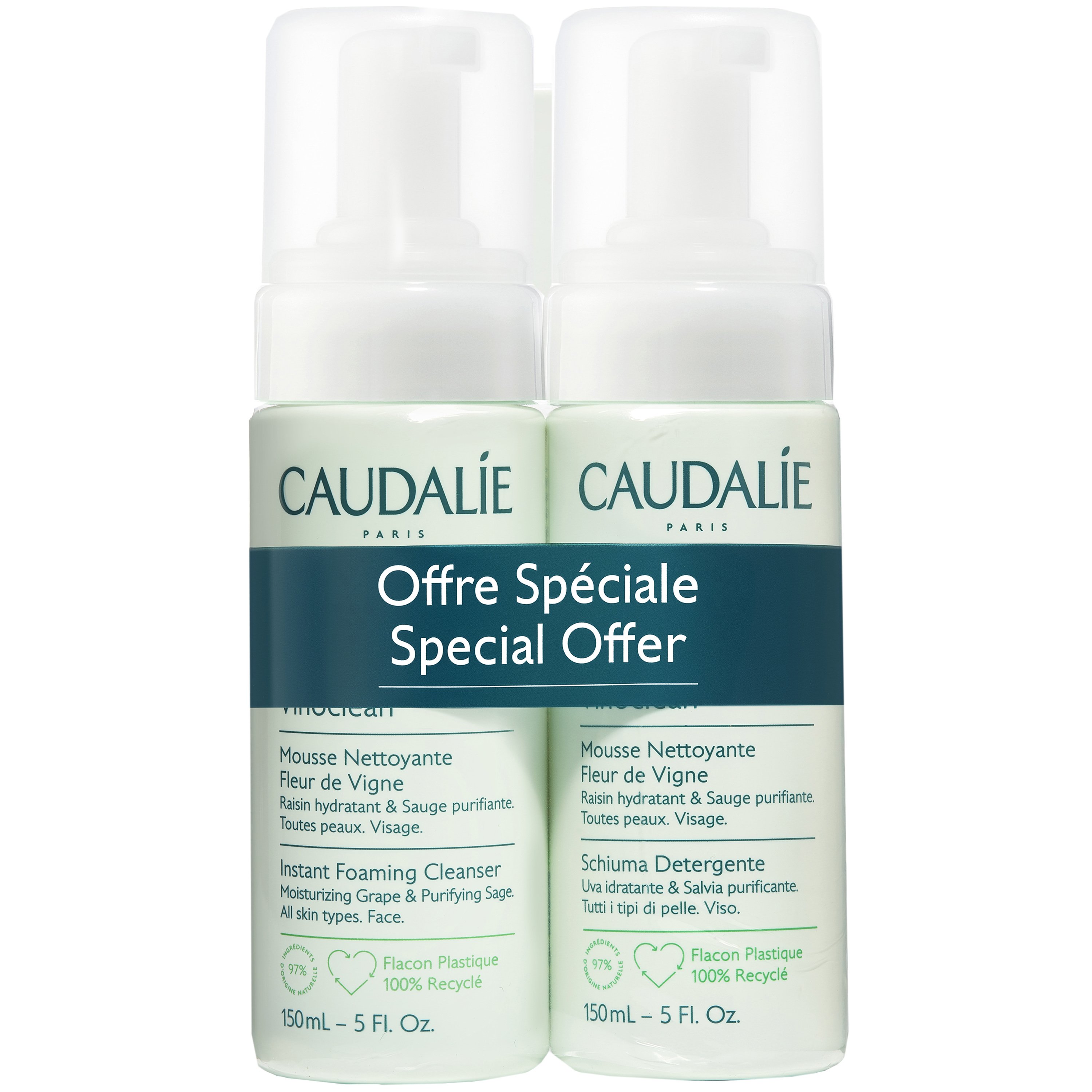 Caudalie Πακέτο Προσφοράς Vinoclean Instant Foaming Face Cleanser Εξυγιαντικός Αφρός Καθαρισμού Προσώπου για Όλους τους Τύπους Επιδερμίδας 2x150ml