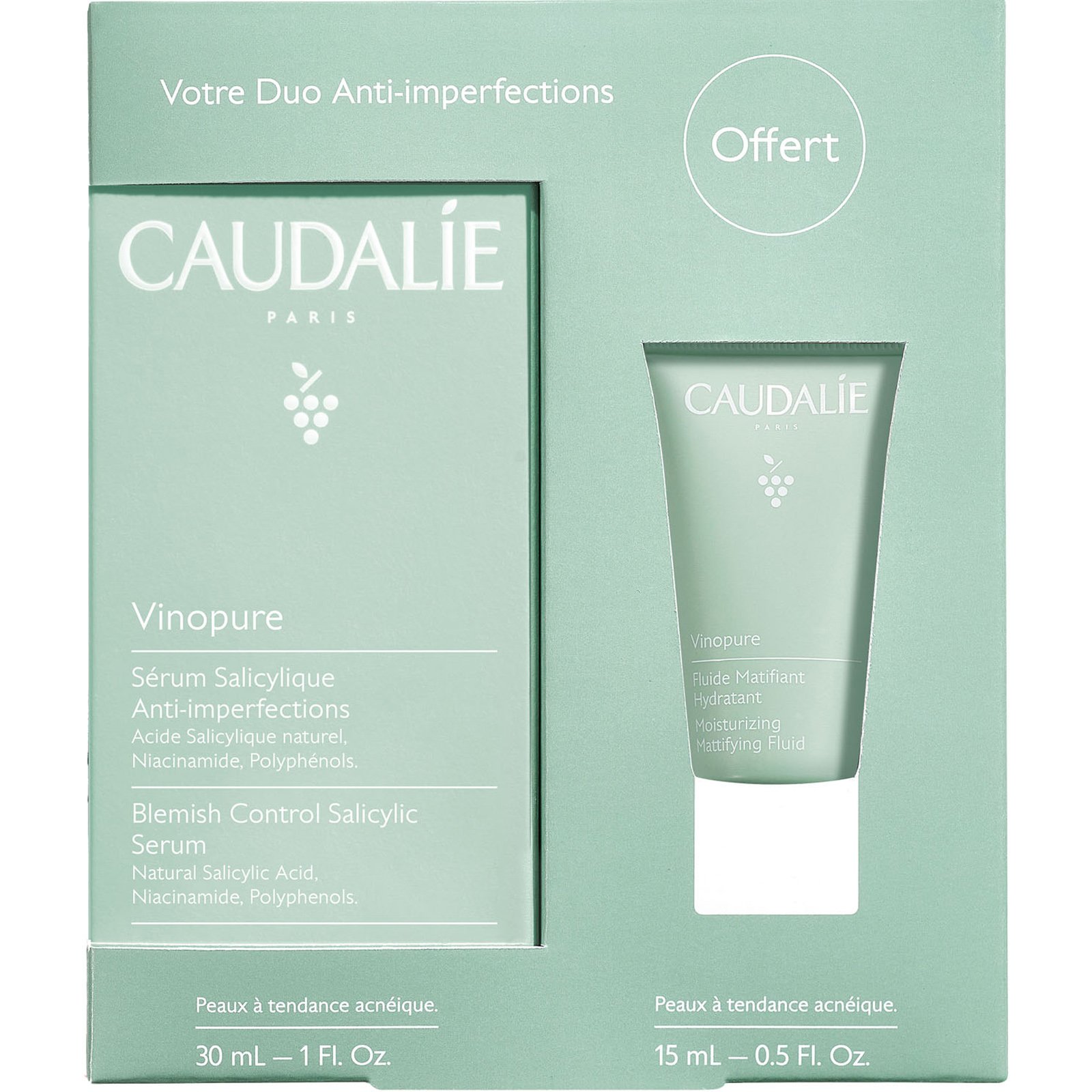 Caudalie Vinopure Πακέτο Προσφοράς Blemish Control Salicylic Face Serum 30ml & Δώρο Moisturizing Mattifying Face Fluid 15ml