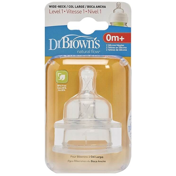 Dr. Browns Θηλές Σιλικόνης για Μπιμπερό με Φαρδύ Λαιμό, Eπίπεδο 1, για Βρέφη 0 – 3 μηνών 2τμχ 352-GB