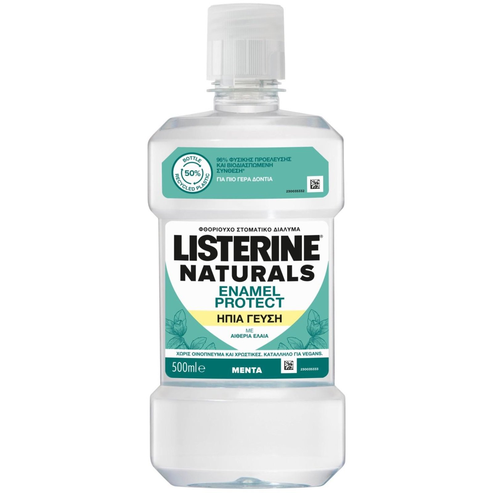 Listerine Naturals Enamel Protect Fluoride Mouthwash Φθοριούχο Στοματικό Διάλυμα Χωρίς Οινόπνευμα & Χρωστικές με Ήπια Γεύση Μέντας 500ml