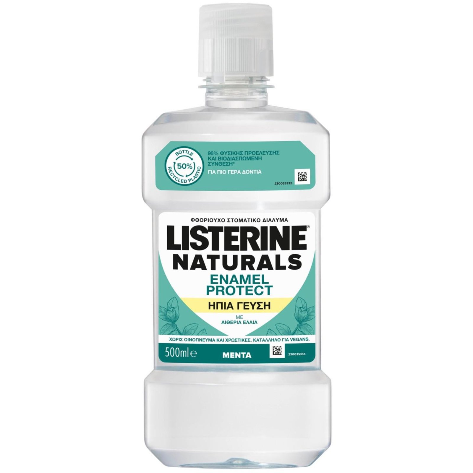 Listerine Naturals Enamel Protect Fluoride Mouthwash Φθοριούχο Στοματικό Διάλυμα Χωρίς Οινόπνευμα & Χρωστικές με Ήπια Γεύση Μέντας 500ml