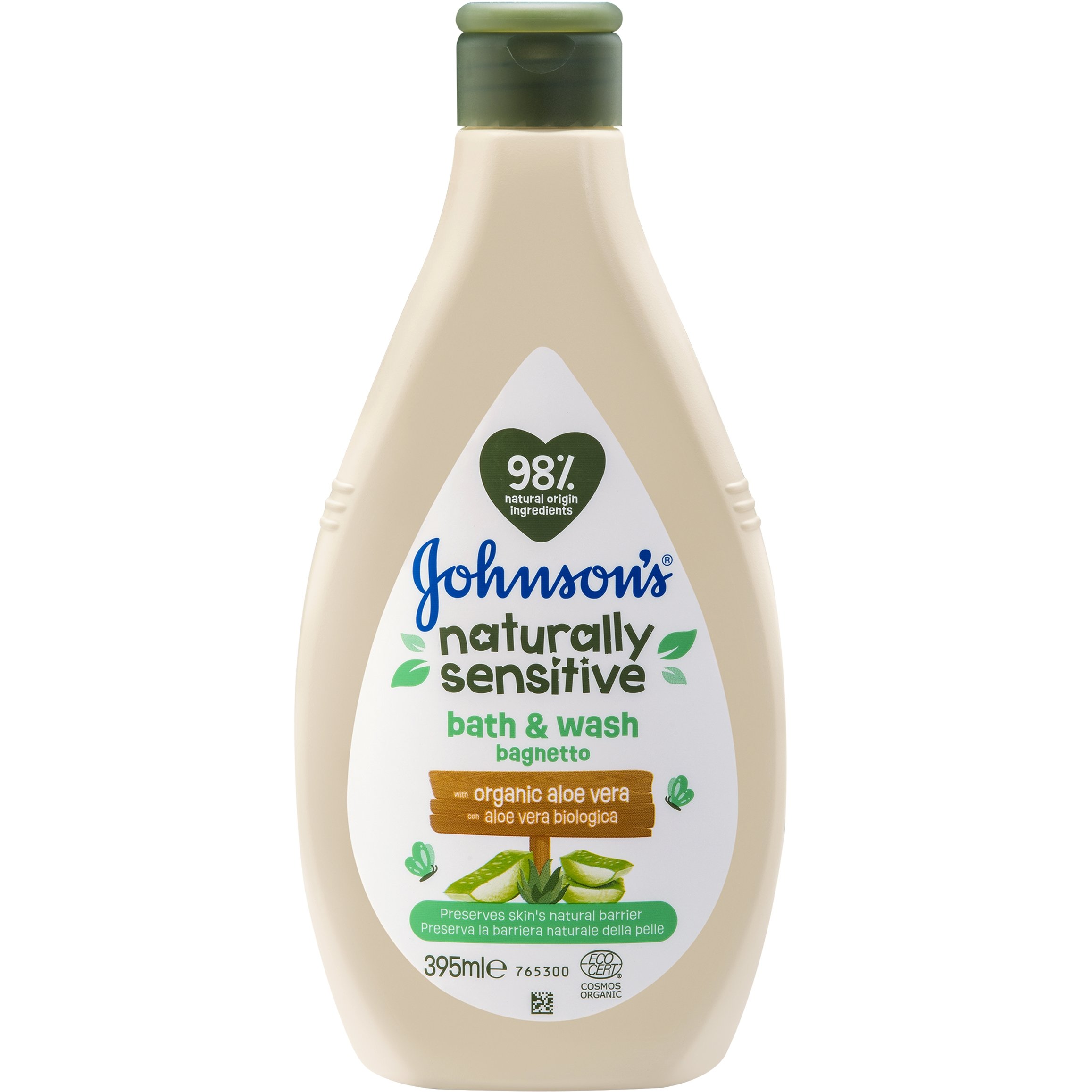 Johnson’s Naturally Sensitive Bath & Wash Βρεφικό Αφρόλουτρο με Οργανική Aloe Vera Κατάλληλο για την Ευαίσθητη Επιδερμίδα 395ml