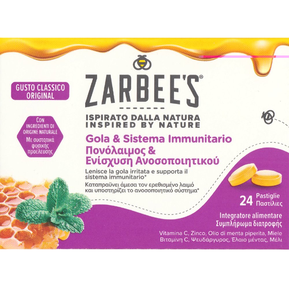 Zarbee’s Sore Throat & Immune Boosting Συμπλήρωμα Διατροφής με Βιταμίνη C, Ψευδάργυρο, Έλαιο Μέντας & Μέλι που Καταπραΰνει Άμεσα τον Ερεθισμένο Λαιμό & Ενισχύει το Ανοσοποιητικό με Φυσική Γεύση 24 Pastilles