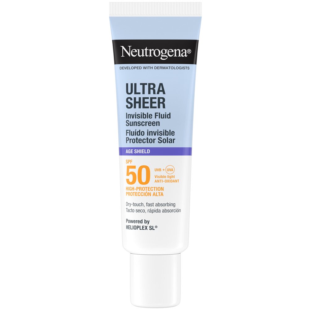 Neutrogena Ultra Sheer Age Shield Sunscreen Invisible Spf50 Fluid Αντηλιακό Προσώπου Λεπτόρρευστης Υφής Υψηλής Προστασίας Κατά των Σημαδιών Πρόωρης Γήρανσης για Όλους τους Τύπους Επιδερμίδας 50ml