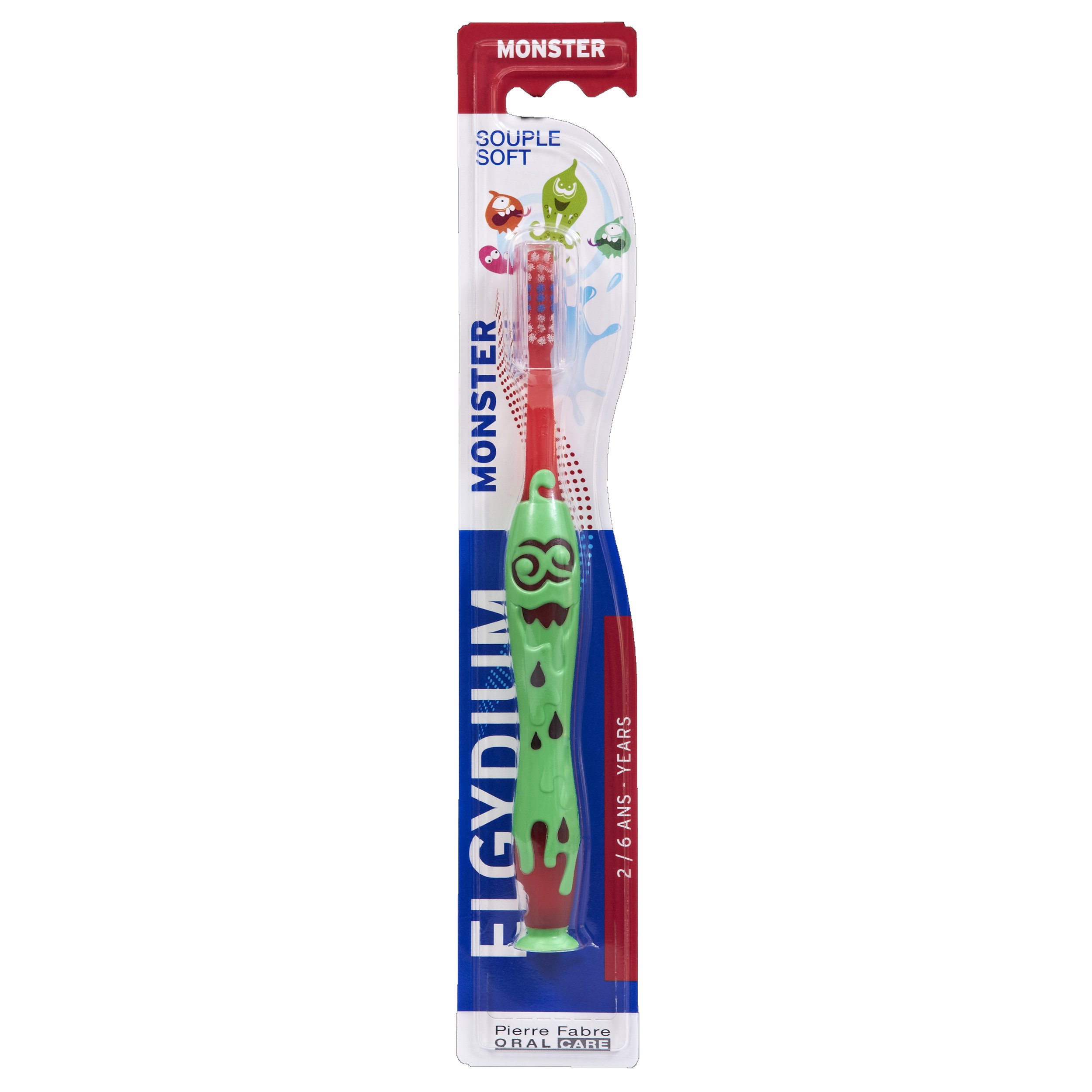 Elgydium Monster Soft 2/6 Years Παιδική Χειροκίνητη Μαλακή Οδοντόβουρτσα για Προστασία των Ευαίσθητων Ούλων & Δοντιών 1 Τεμάχιο – Πράσινο – Κόκκινο