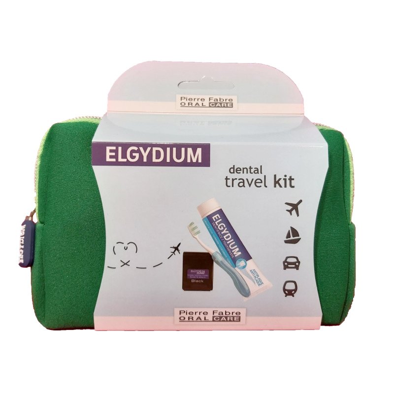 Elgydium Dental Travel Kit Σετ Ταξιδιού με Οδοντόβουρτσα, Οδοντόκρεμα, Οδοντικό Νήμα & Νεσεσέρ σε Πράσινο Χρώμα