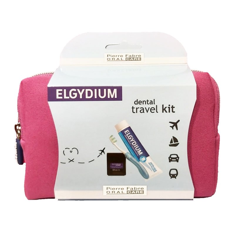 Elgydium Dental Travel Kit Σετ Ταξιδιού με Οδοντόβουρτσα, Οδοντόκρεμα, Οδοντικό Νήμα & Νεσεσέρ σε Ροζ Χρώμα