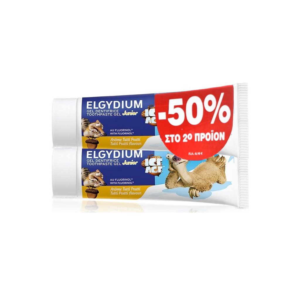 Elgydium Πακέτο Προσφοράς Junior Toothpaste Ice Age Παιδική Οδοντόκρεμα Gel με Γεύση Tutti Frutti για Παιδιά 7-12 Ετών 2x50ml