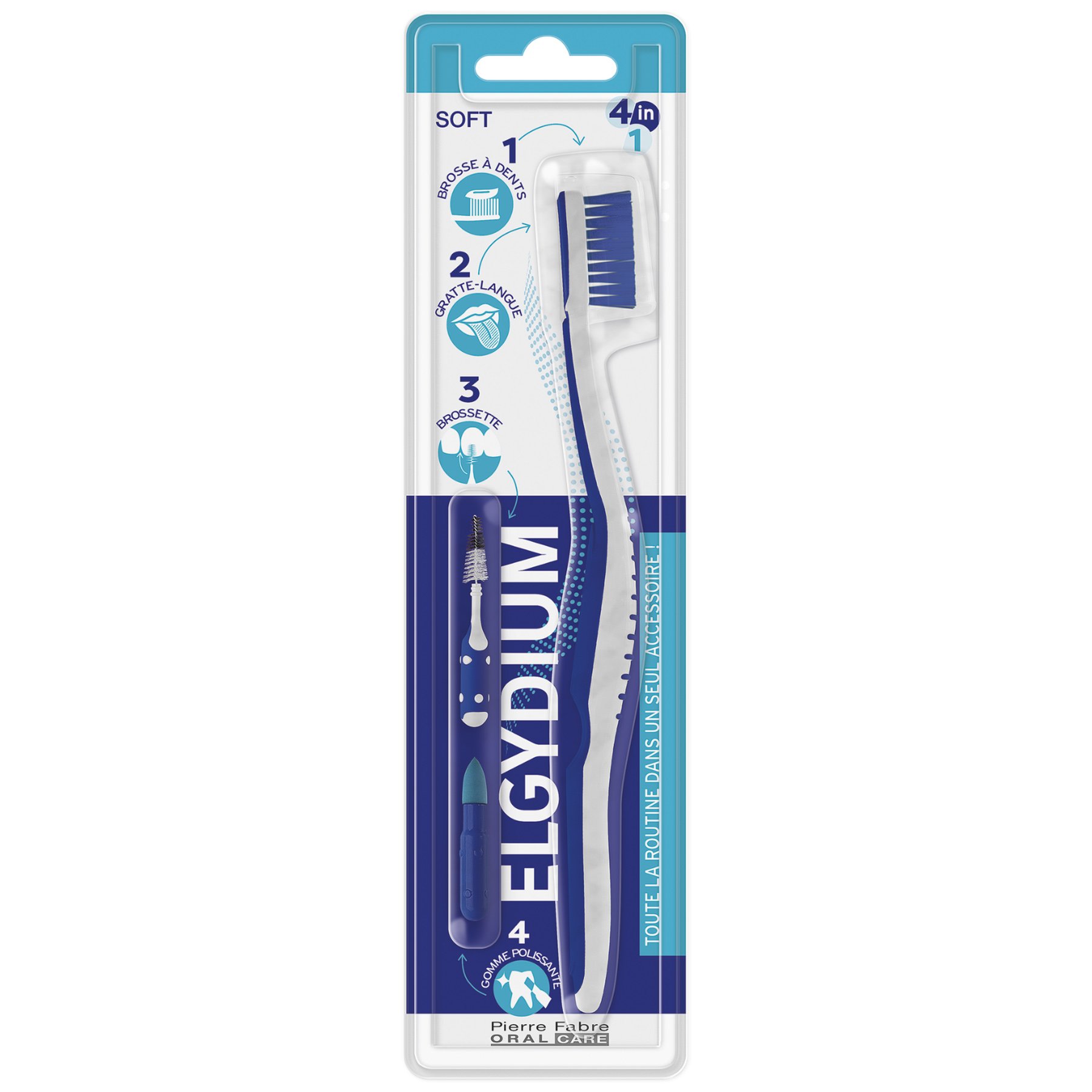 Elgydium 4in1 Toothbrush Οδοντόβουρτσα 4 σε 1 με Καθαριστή Γλώσσας, Κωνικό Μεσοδόντιο Βουρτσάκι & Λευκαντική Γόμα 1 Τεμάχιο - Soft