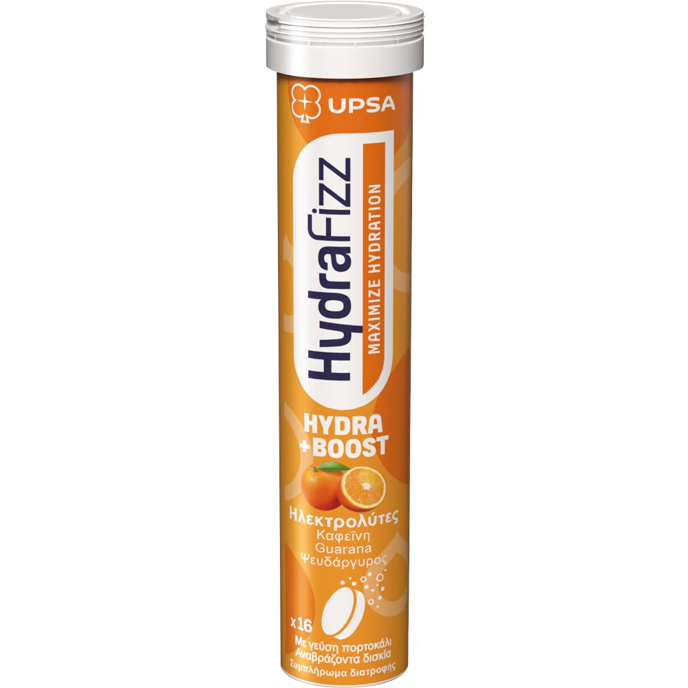 UPSA Upsa Hydrafizz Hydra Boost Hydrolytes Συμπλήρωμα Διατροφής Ηλεκτρολυτών για την Ενυδάτωση & για Τόνωση της Ενέργειας & Εγρήγορσης με Καφεΐνη & Γεύση Πορτοκάλι 16 Effer.tabs