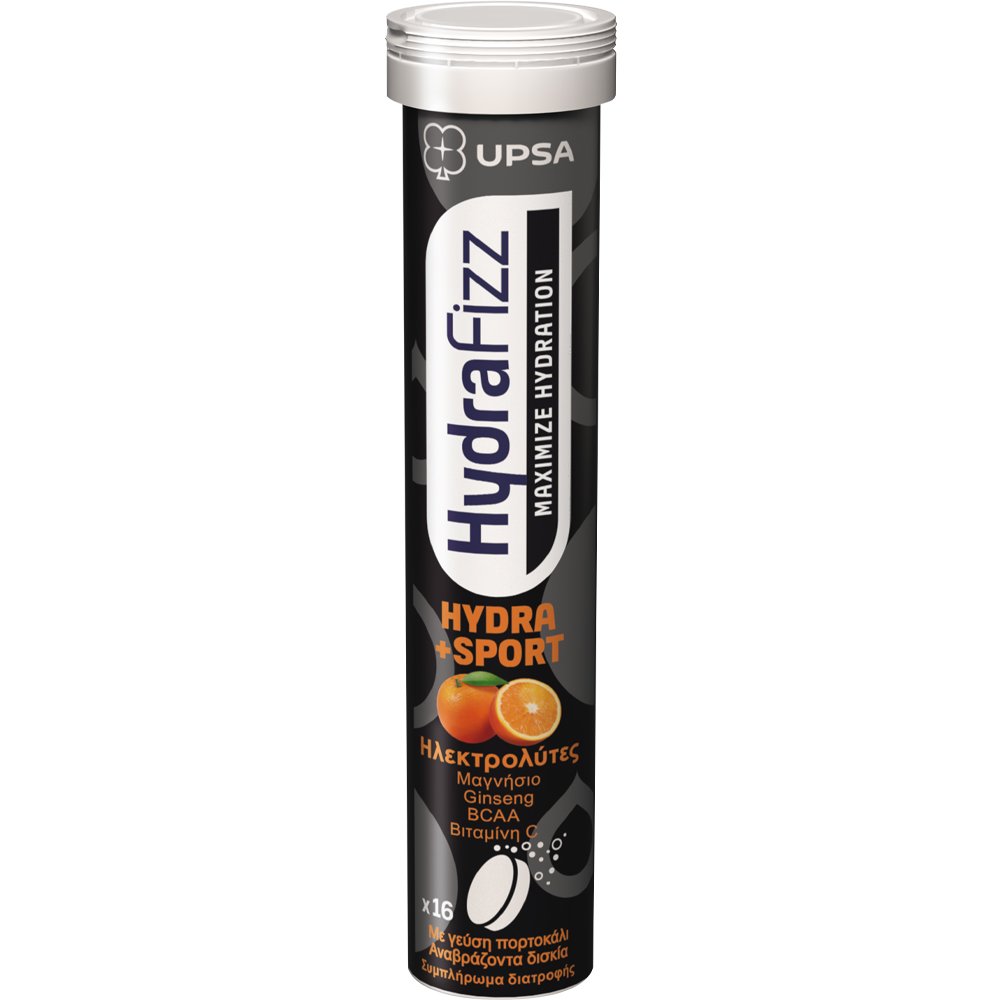 UPSA Upsa Hydrafizz Sport Hydrolytes Συμπλήρωμα Διατροφής Ηλεκτρολυτών, Μετάλλων & Εκχυλίσματος Εσπεριδοειδών Ιδανικό για Ενυδάτωση Αθλητών & Αύξηση Απόδοσης με Γεύση Πορτοκάλι 16 Effer.tabs