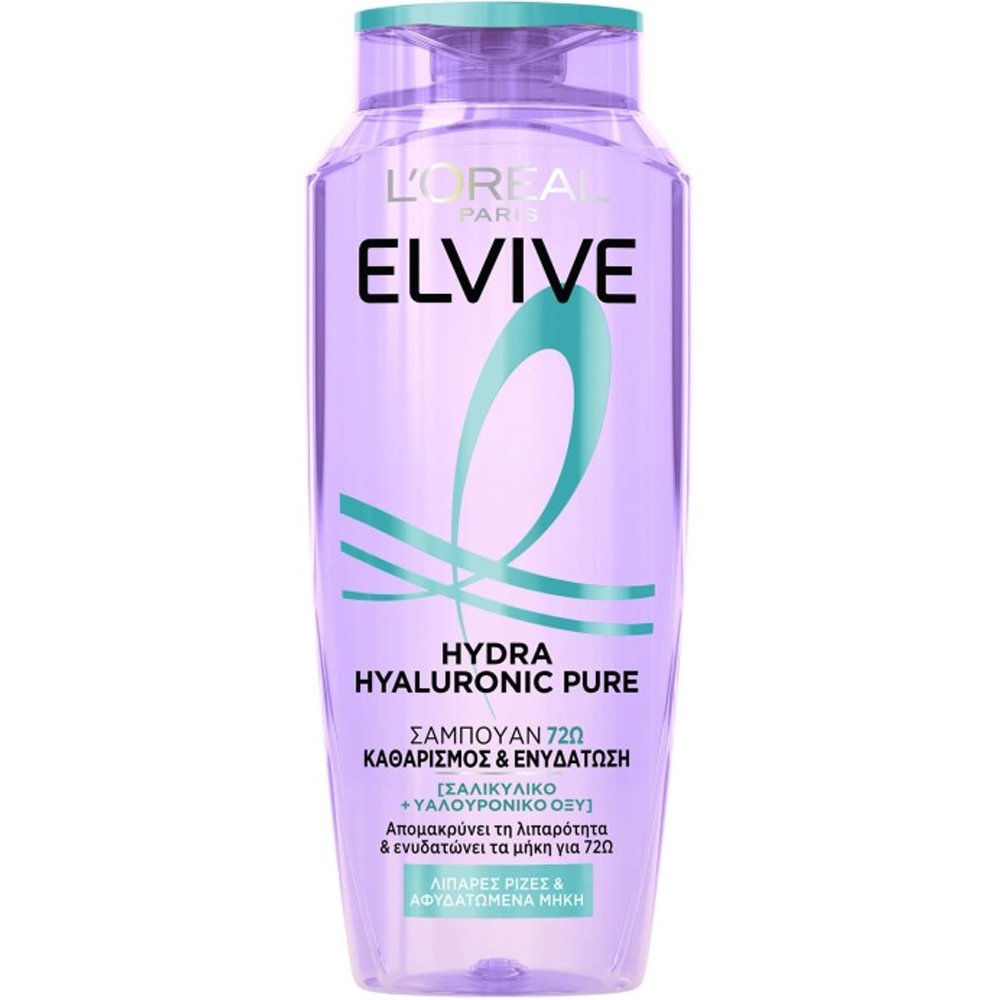 L'Oreal Paris Elvive Hydra Hyaluronic Pure Shampoo Σαμπουάν Κατά της Λιπαρότητας για Καθαρισμό & Ενυδάτωση Έως 72 Ώρες με Σαλικυλικό & Υαλουρονικό Οξύ 400ml