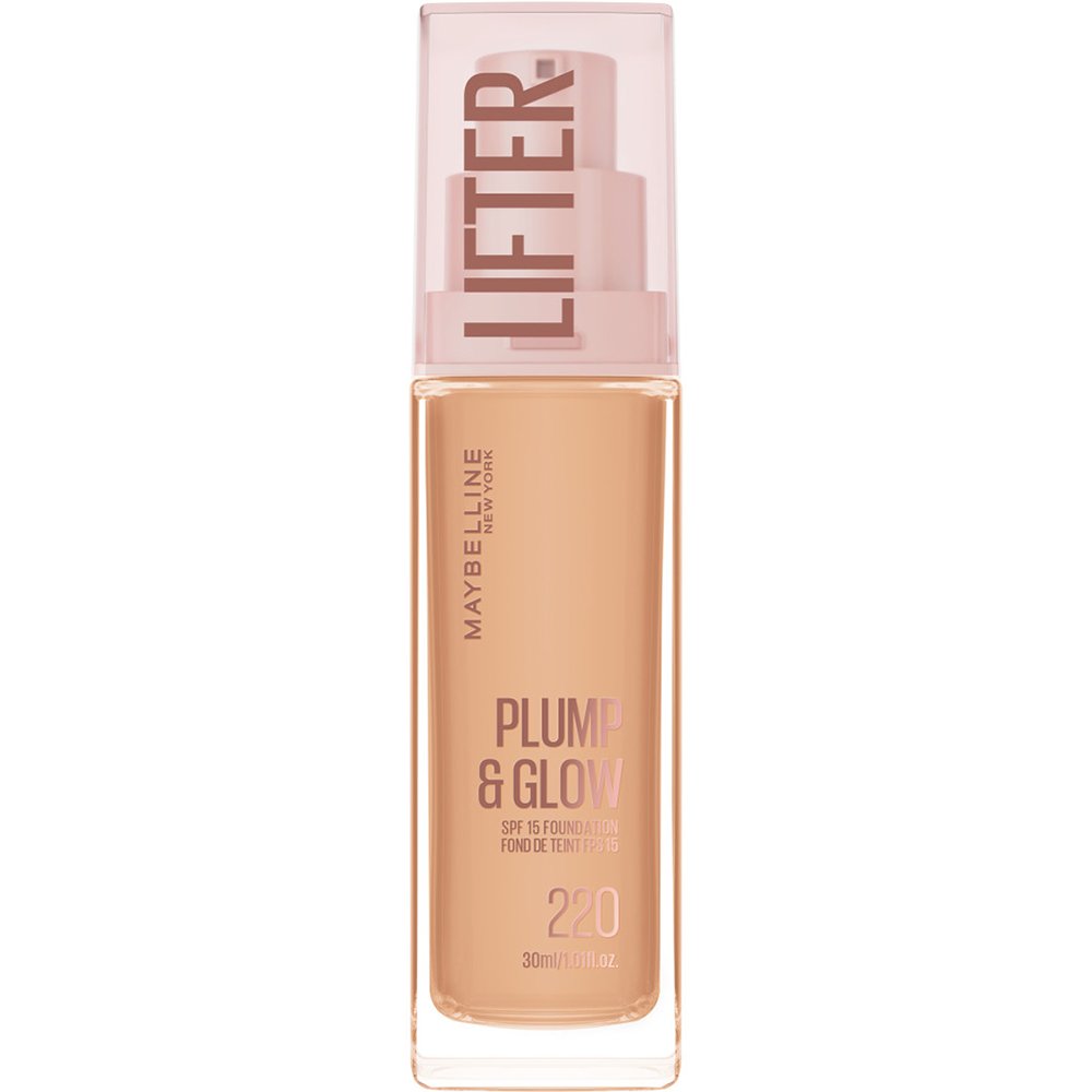 Maybelline Lifter Plump & Glow Spf15 Foundation Ενυδατικό Foundation Μεσαίας Προστασίας, 2% Νιασιναμίδη & Υαλουρονικό Οξύ για Γεμάτη & Φωτεινή Όψη Όλη Μέρα 30ml - 220