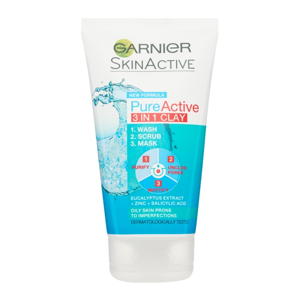 Garnier Pure Active 3 in 1 Clay Αποτελεσματικός Καθαρισμός, Απολέπιση & Μάσκα για Λιπαρές με Ατέλειες Επιδερμίδες 150ml