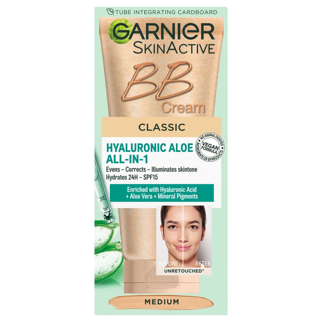 Garnier SkinActive BB Cream Classic Hyaluronic Aloe All in 1 Medium Ενυδατική Κρέμα Προσώπου με Χρώμα, Χαμηλής Αντηλιακής Προστασίας Spf15, 50ml