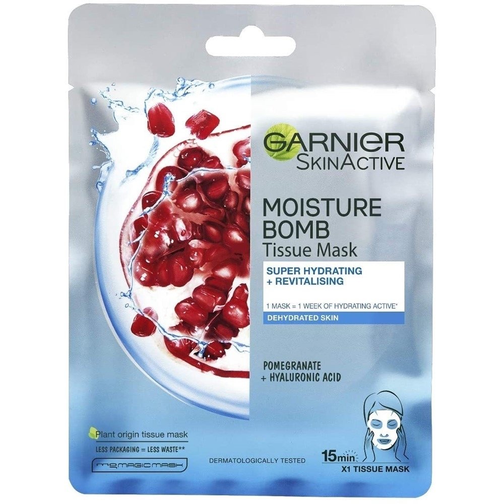 Garnier Skin Active Moisture Bomb Mask Υφασμάτινη Μάσκα Ενυδάτωσης Προσώπου με Ρόδι & Υαλουρονικό Οξύ 32gr