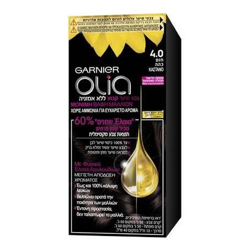 Garnier Olia Μόνιμη Βαφή Μαλλιών Χωρίς Αμμωνία με Φυσικά Έλαια Λουλουδιών Mini Kit 50gr – No 4.0 Καστανό