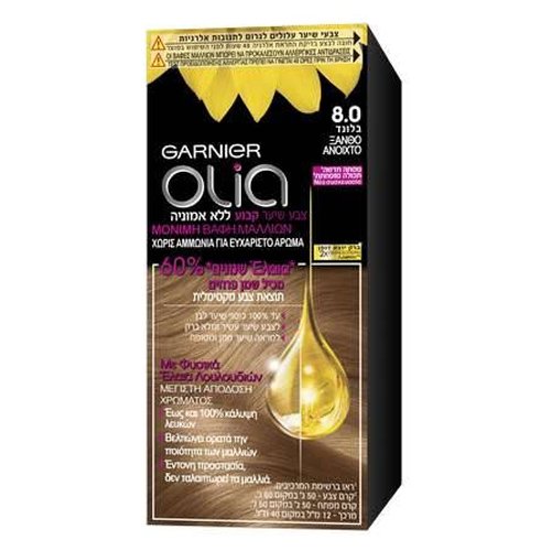 Garnier Olia Μόνιμη Βαφή Μαλλιών Χωρίς Αμμωνία με Φυσικά Έλαια Λουλουδιών Mini Kit 50gr – No 8.0 Ξανθό Ανοιχτό