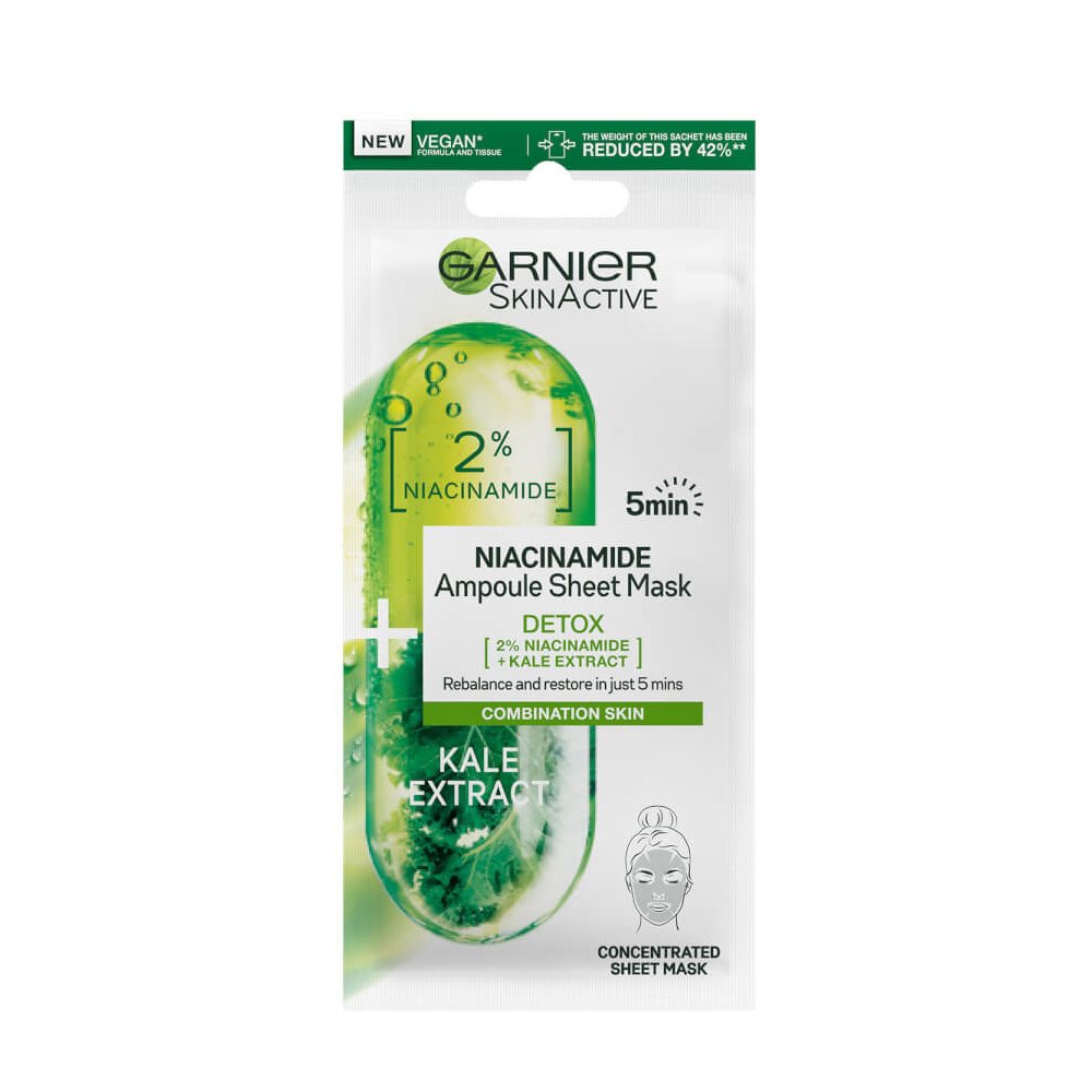 Garnier SkinActive Ampoules Detox Sheet Mask Υφασμάτινη Μάσκα Προσώπου με Niacinamide & Kale για Detox Ενυδάτωση 1 Τεμάχιο